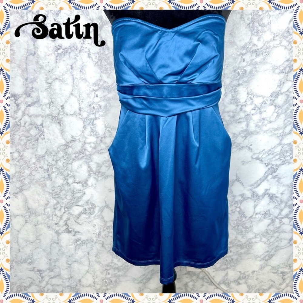 MIIN Strapless Satin Cocktail Mini Dress Women Medium Teal Blue Pockets